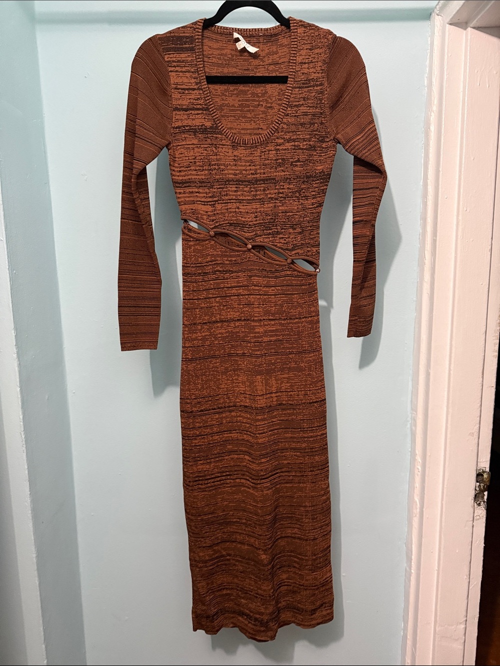 Wayf Rust Brown Long Sleeve Knit Midi Dress with Waist Cutouts
